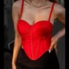 Sexy red corset top for women featuring a form-fitting design and elegant straps