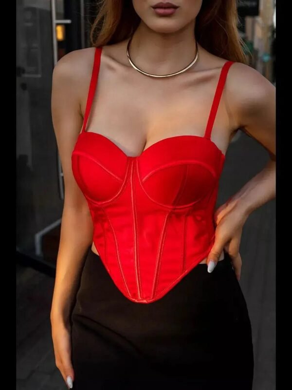 Sexy red corset top for women featuring a form-fitting design and elegant straps