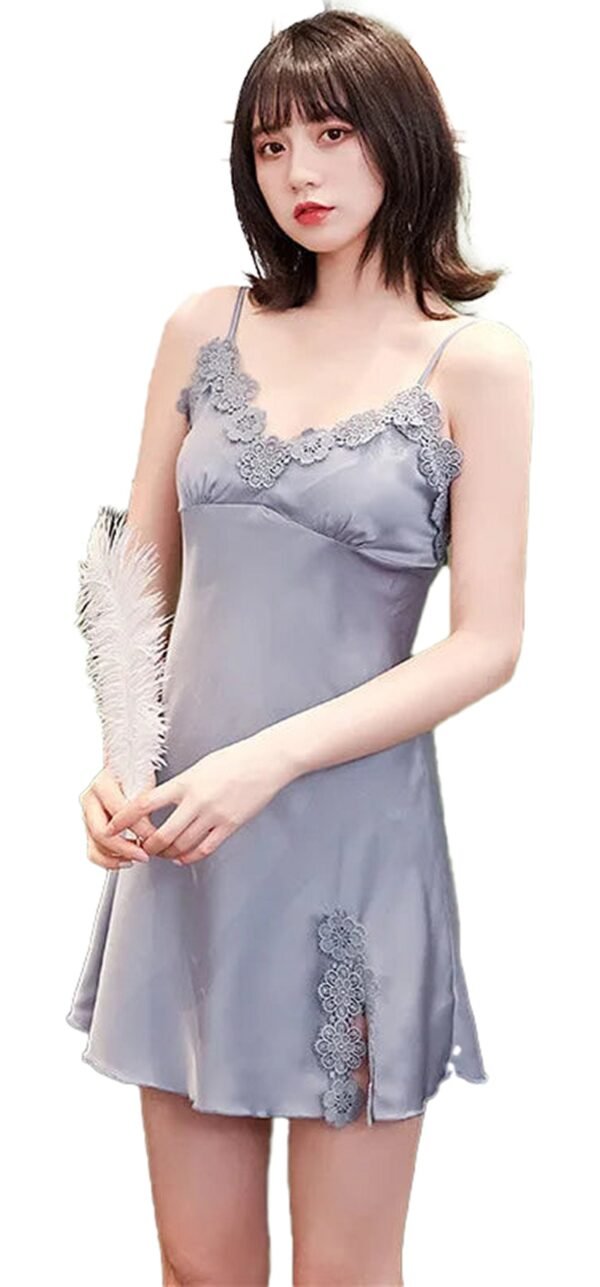 Sexy silk satin nightgown in gray with lace trim and a stylish design for a luxurious nightwear choice