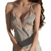 Elegant sexy silk satin nightgown in light blue with lace detailing and adjustable straps