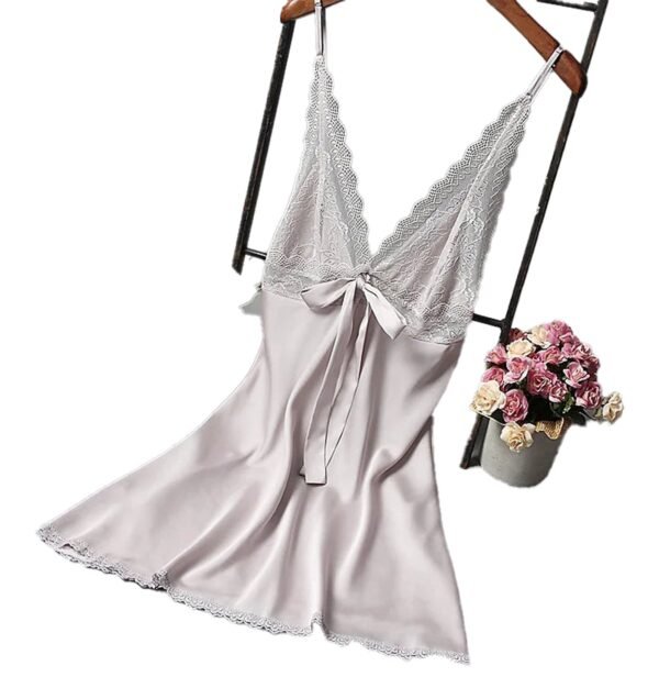 LuckeLadybug sexy silk satin nightgown with lace trim and bow detail for a delicate touch