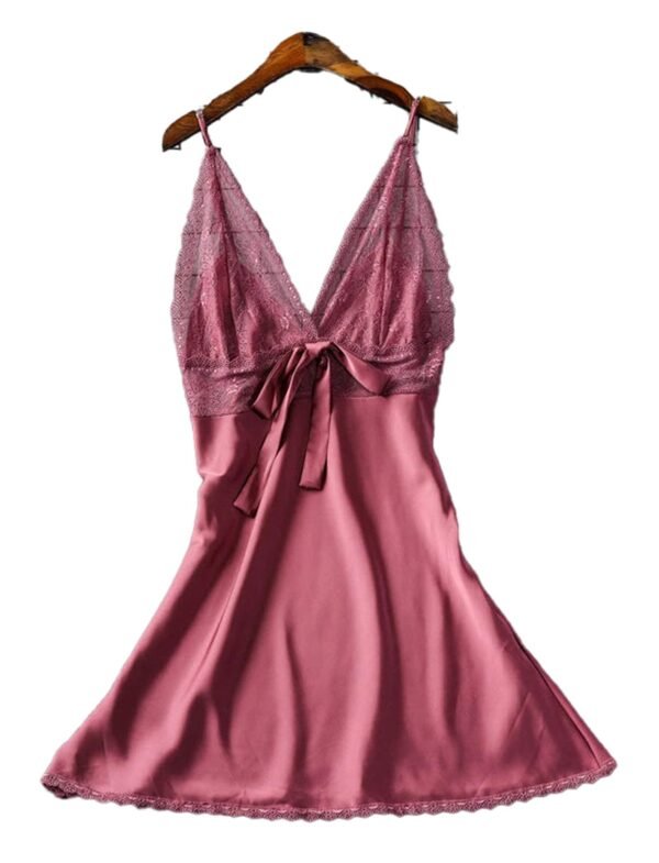 Sexy silk satin nightgown by LuckeLadybug LLC in soft pink with lace detailing and elegant bow