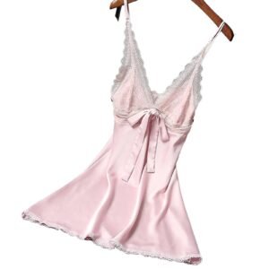 Pink LuckeLadybug sexy silk satin nightgown with lace trim and delicate bow detail