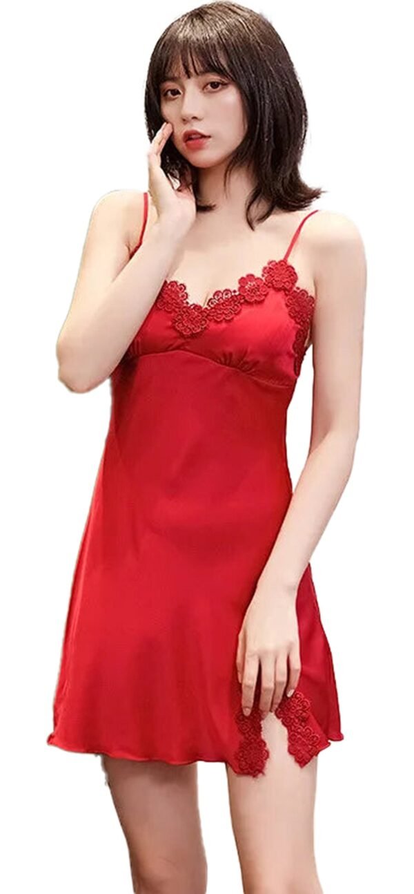 LuckeLadybug sexy silk satin nightgown in red with delicate lace accents for a stylish sleepwear option