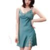 LuckeLadybug LLC sexy silk satin nightgown in teal with delicate lace trim and side slits