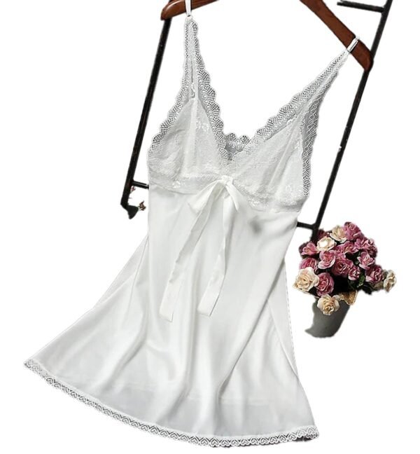 LuckeLadybug sexy silk satin nightgown in white with lace trim and bow detail