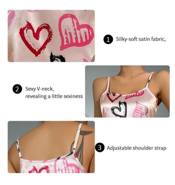 Sexy Womens Nightdress With Heart Print 19 Sexy Womens Nightdress With Heart Print Silky-soft satin sexy women's nightdress with V-neck and adjustable shoulder straps