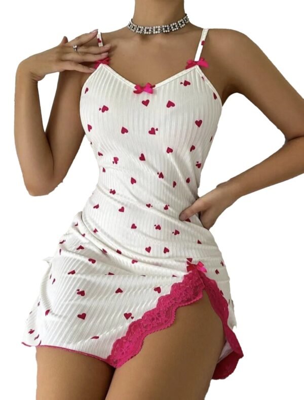 Sexy women's nightgown lace trim with heart patterns and adjustable straps for a romantic night in