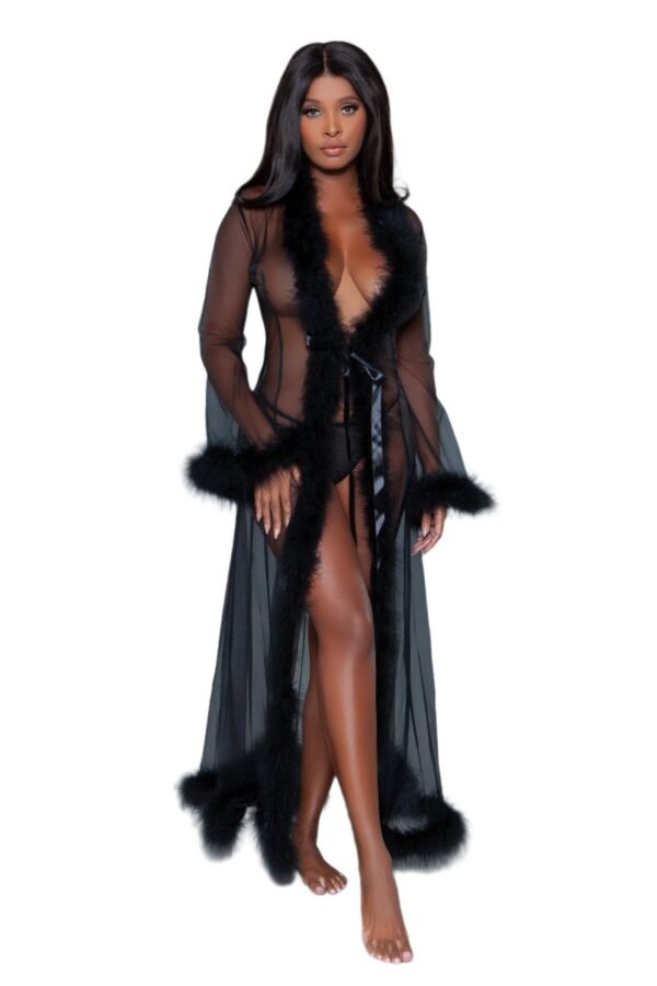 Sheer Robe Lingerie With Feather Trim 49 Sheer Robe Lingerie With Feather Trim LuckeLadybug LLC black sheer robe lingerie with feather trim worn by model with long sleeves and waist tie