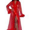 Red sheer robe lingerie with feather trim and satin tie belt by LuckeLadybug LLC