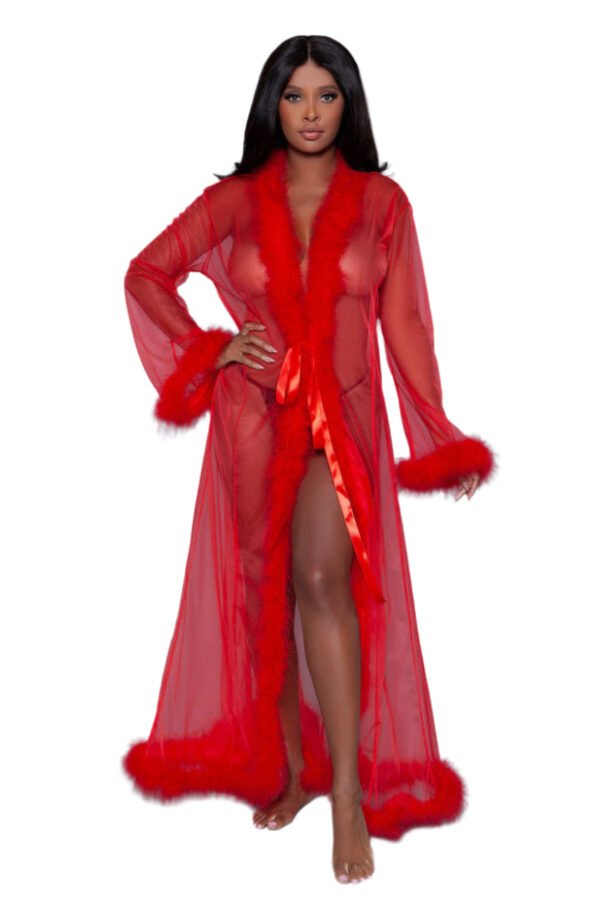 Sheer Robe Lingerie With Feather Trim 57 Sheer Robe Lingerie With Feather Trim Red sheer robe lingerie with feather trim and satin tie belt by LuckeLadybug LLC