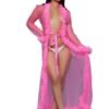 LuckeLadybug LLC pink sheer robe lingerie with feather trim and waist tie on model