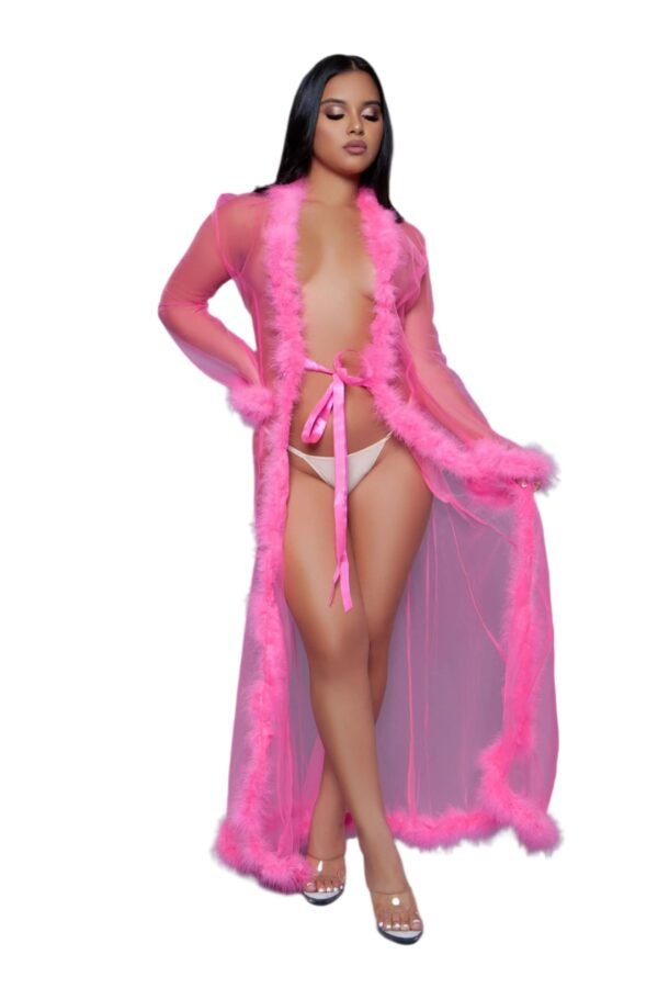 Sheer Robe Lingerie With Feather Trim 55 Sheer Robe Lingerie With Feather Trim LuckeLadybug LLC pink sheer robe lingerie with feather trim and waist tie on model