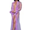 LuckyLadybug LLC sheer robe lingerie in light purple with feather trim worn by model
