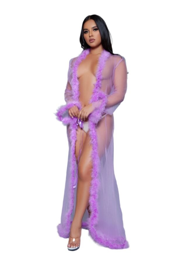 Sheer Robe Lingerie With Feather Trim 52 Sheer Robe Lingerie With Feather Trim LuckyLadybug LLC sheer robe lingerie in light purple with feather trim worn by model