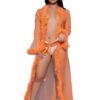 LuckeLadybug LLC orange sheer robe lingerie with feather trim worn by model with transparent design