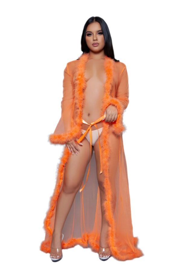 Sheer Robe Lingerie With Feather Trim 54 Sheer Robe Lingerie With Feather Trim LuckeLadybug LLC orange sheer robe lingerie with feather trim worn by model with transparent design