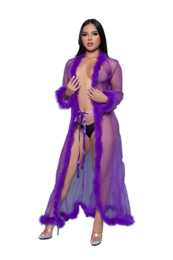 Sheer Robe Lingerie With Feather Trim 59 Sheer Robe Lingerie With Feather Trim Purple sheer robe lingerie with feather trim worn by model with black lingerie and clear heels