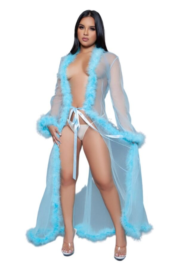 Sheer Robe Lingerie With Feather Trim 58 Sheer Robe Lingerie With Feather Trim LuckeLadybug LLC sheer robe lingerie in light blue with feather trim and tie waist
