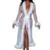 LuckeLadybug LLC sheer robe lingerie with white feather trim and tie waist on model