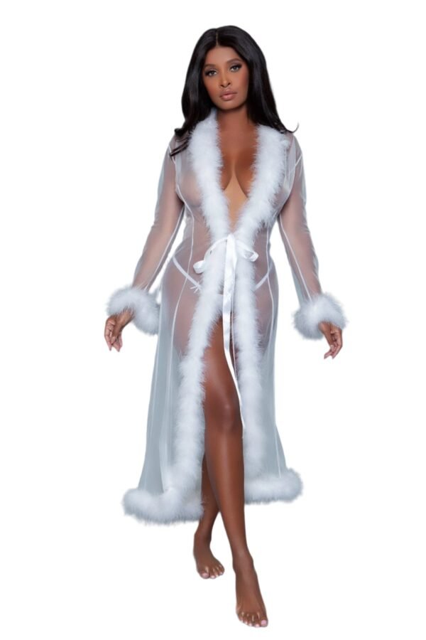 Sheer Robe Lingerie With Feather Trim 60 Sheer Robe Lingerie With Feather Trim LuckeLadybug LLC sheer robe lingerie with white feather trim and tie waist on model