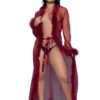 Woman wearing sheer robe lingerie in deep red with feather trim and tie waist by LuckeLadybug LLC