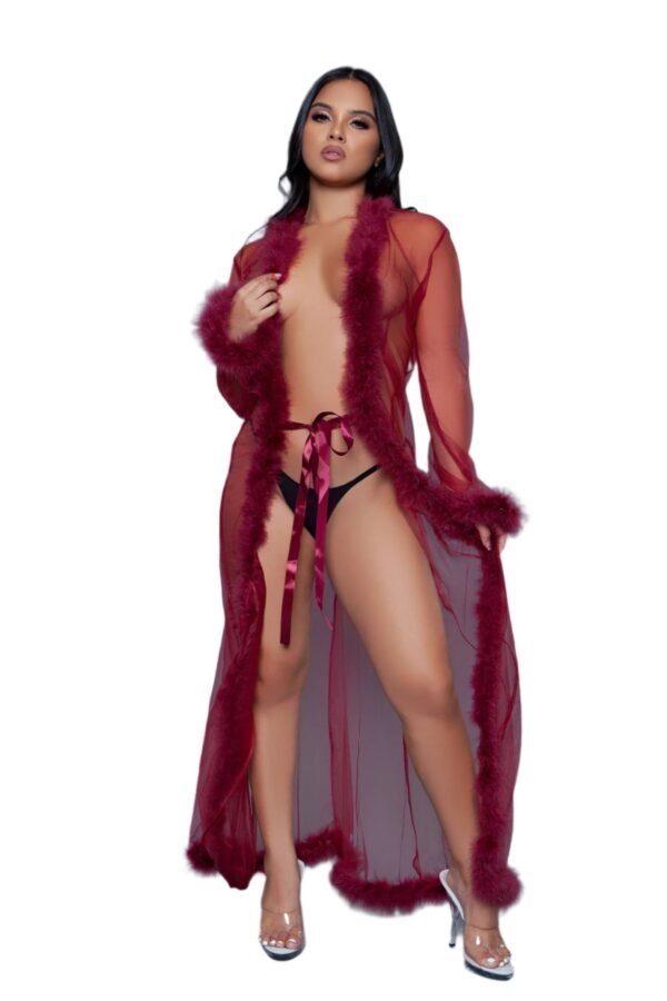 Sheer Robe Lingerie With Feather Trim 53 Sheer Robe Lingerie With Feather Trim Woman wearing sheer robe lingerie in deep red with feather trim and tie waist by LuckeLadybug LLC