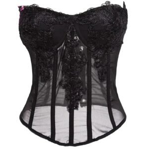 Black sheer corset top with intricate lace detailing, ideal for evening wear or special occasions