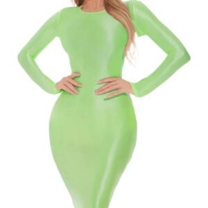 Shiny bodycon midi dress in vibrant green with long sleeves for a sleek and stylish look