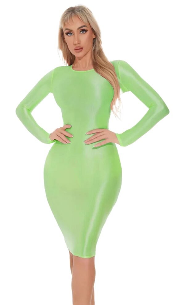 Shiny Bodycon Midi Dress In Blue 1 Shiny Bodycon Midi Dress In Blue Shiny bodycon midi dress in vibrant green with long sleeves for a sleek and stylish look