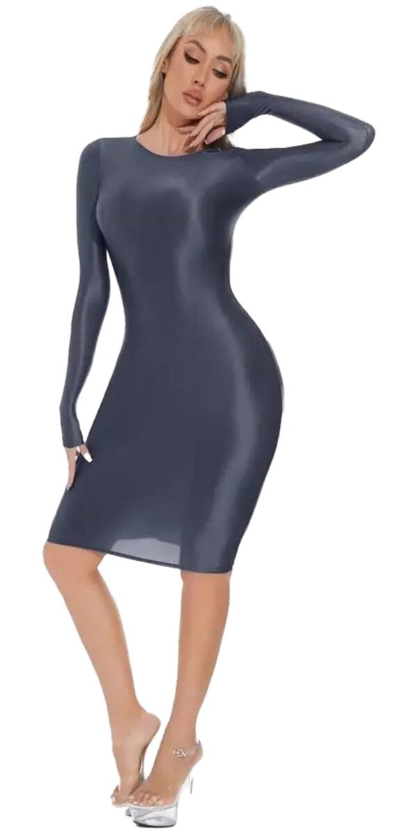 Shiny Bodycon Midi Dress In Blue 10 Shiny Bodycon Midi Dress In Blue LuckeLadybug shiny bodycon midi dress in gray with long sleeves perfect for stylish evenings