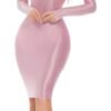 Pink shiny bodycon midi dress with long sleeves for a stylish and flattering look