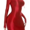 LuckeLadybug shiny bodycon midi dress in red showcasing a form-fitting silhouette and long sleeves