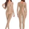 LuckeLadybug shiny full body pantyhose jumpsuit in nude color, featuring long sleeves and a sleek fit