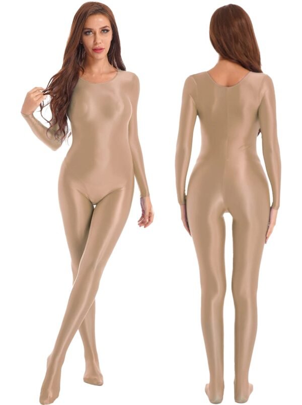 Shiny Full Body Pantyhose Jumpsuit 50 Shiny Full Body Pantyhose Jumpsuit LuckeLadybug shiny full body pantyhose jumpsuit in nude color, featuring long sleeves and a sleek fit