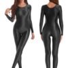 Shiny full body pantyhose jumpsuit by LuckeLadybug LLC featuring long sleeves and a sleek fit