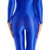 Shiny full body pantyhose jumpsuit in blue, featuring a sleek and form-fitting design for a stylish look