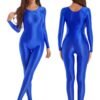 Shiny full body pantyhose jumpsuit in vibrant blue, featuring long sleeves and a sleek fit.