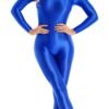 Shiny full body pantyhose jumpsuit in vibrant blue, showcasing a sleek, figure-hugging design
