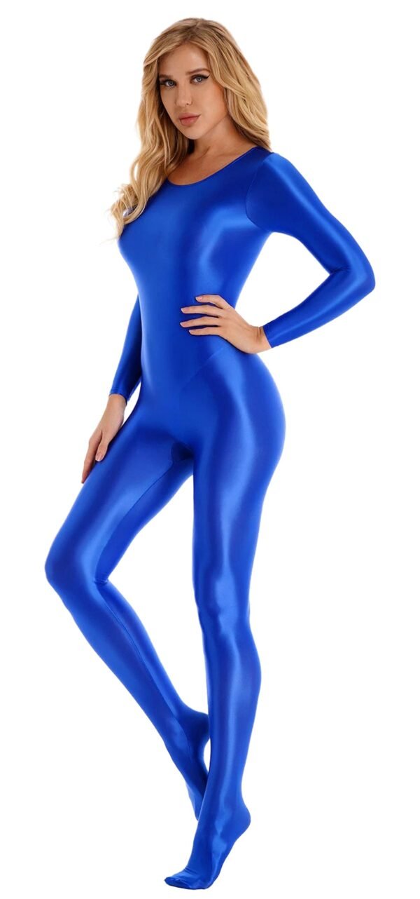 Shiny Full Body Pantyhose Jumpsuit 47 Shiny Full Body Pantyhose Jumpsuit Shiny full body pantyhose jumpsuit in vibrant blue for a sleek and bold look