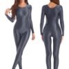 Shiny full body pantyhose jumpsuit in dark gray, offering a sleek, form-fitting design for a stylish look.