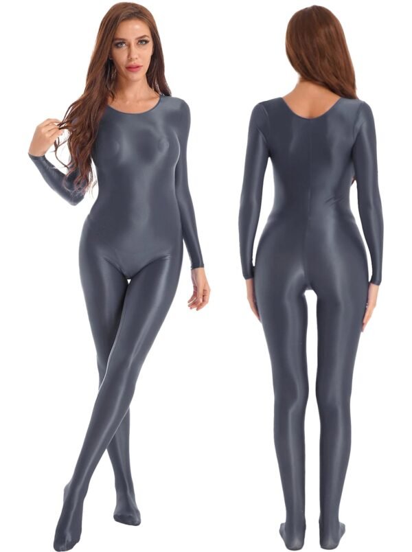 Shiny Full Body Pantyhose Jumpsuit 49 Shiny Full Body Pantyhose Jumpsuit Shiny full body pantyhose jumpsuit in dark gray, offering a sleek, form-fitting design for a stylish look.