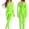 Shiny full body pantyhose jumpsuit in vibrant green for a bold fashion statement