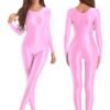 LuckeLadybug shiny full body pantyhose jumpsuit in pink featuring long sleeves and a sleek design