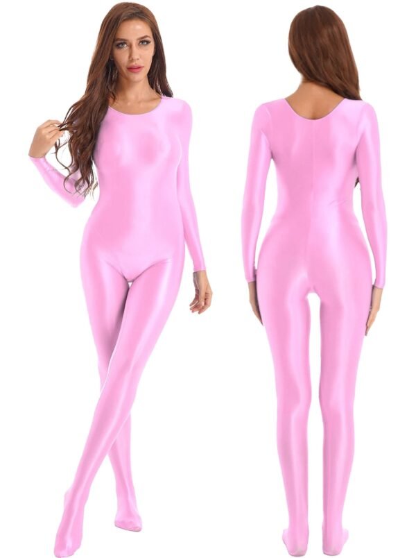 Shiny Full Body Pantyhose Jumpsuit 55 Shiny Full Body Pantyhose Jumpsuit LuckeLadybug shiny full body pantyhose jumpsuit in pink featuring long sleeves and a sleek design