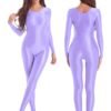 Shiny full body pantyhose jumpsuit in lavender color featuring a sleek form-fitting design