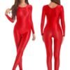 LuckeLadybug shiny full body pantyhose jumpsuit in bright red featuring long sleeves and a sleek design