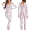 Shiny full body pantyhose jumpsuit in white featuring long sleeves and a sleek fit for stylish occasions