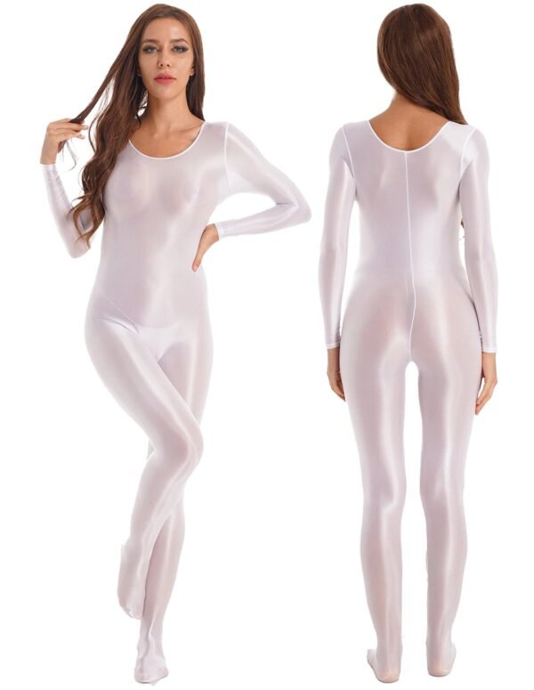 Shiny Full Body Pantyhose Jumpsuit 53 Shiny Full Body Pantyhose Jumpsuit Shiny full body pantyhose jumpsuit in white featuring long sleeves and a sleek fit for stylish occasions