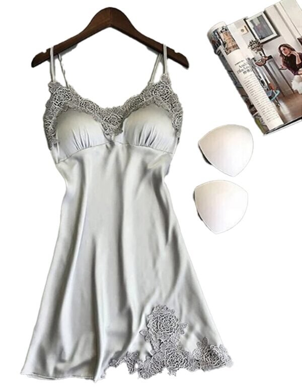 LuckeLadybug LLC silk lace babydoll lingerie in light grey with floral detail and adjustable straps